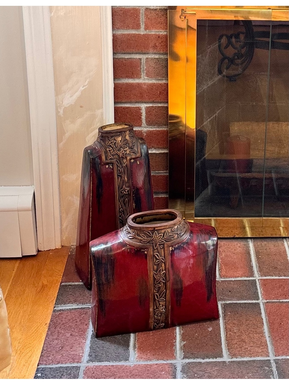 Two Medieval Style vases burgundy with gold accent drip glaze - Large And Small